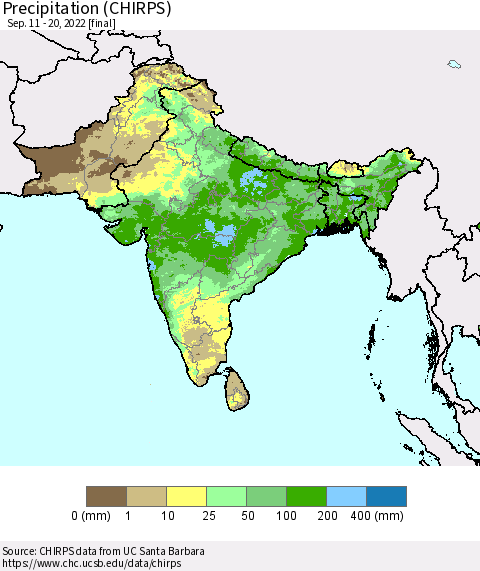 Southern Asia Precipitation (CHIRPS) Thematic Map For 9/11/2022 - 9/20/2022