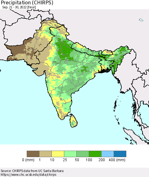 Southern Asia Precipitation (CHIRPS) Thematic Map For 9/21/2022 - 9/30/2022