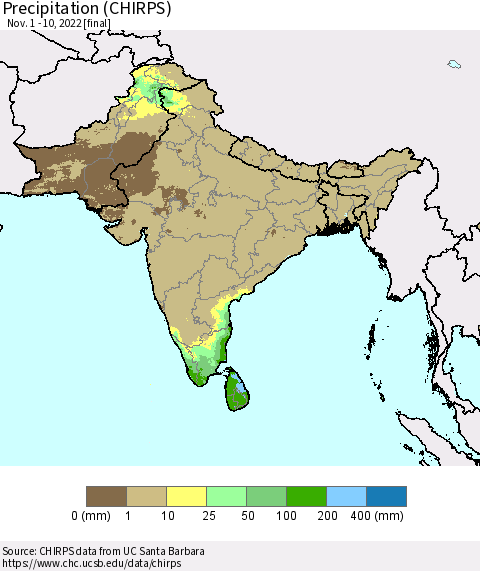 Southern Asia Precipitation (CHIRPS) Thematic Map For 11/1/2022 - 11/10/2022