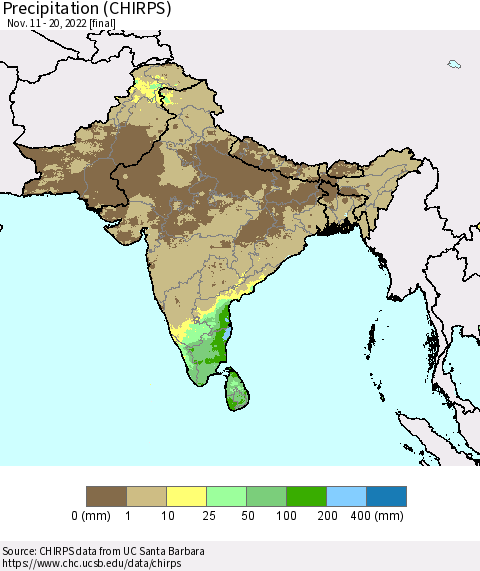 Southern Asia Precipitation (CHIRPS) Thematic Map For 11/11/2022 - 11/20/2022