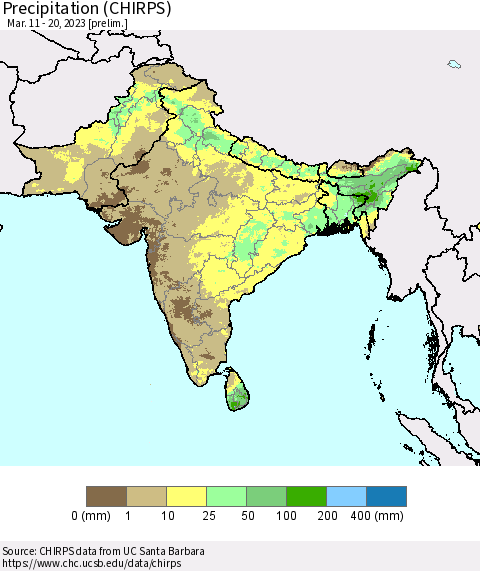 Southern Asia Precipitation (CHIRPS) Thematic Map For 3/11/2023 - 3/20/2023