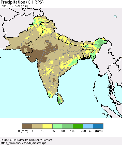 Southern Asia Precipitation (CHIRPS) Thematic Map For 4/1/2023 - 4/10/2023