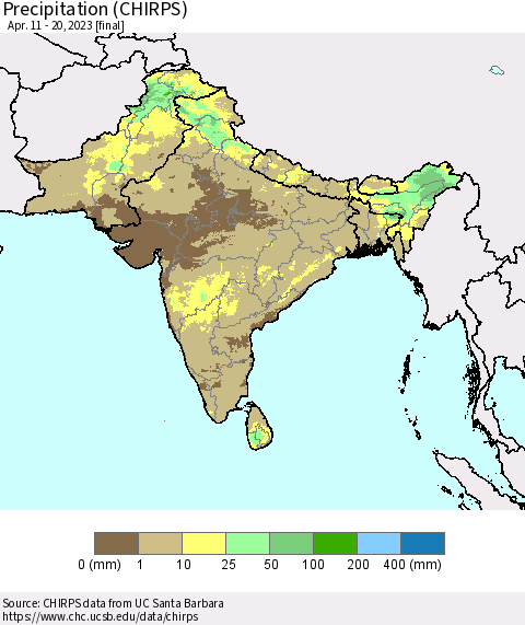 Southern Asia Precipitation (CHIRPS) Thematic Map For 4/11/2023 - 4/20/2023