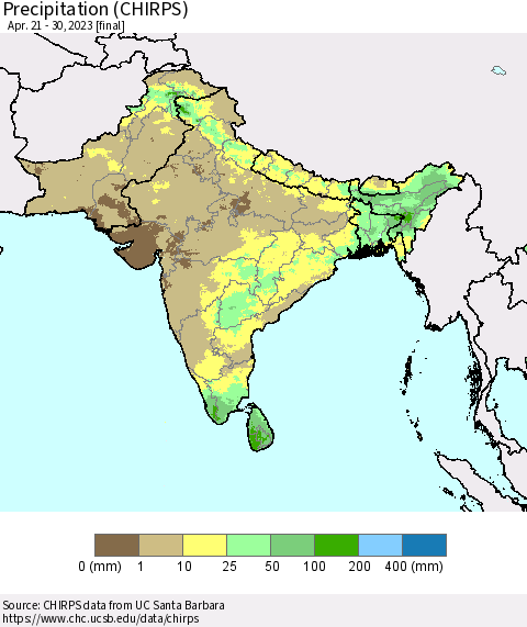 Southern Asia Precipitation (CHIRPS) Thematic Map For 4/21/2023 - 4/30/2023