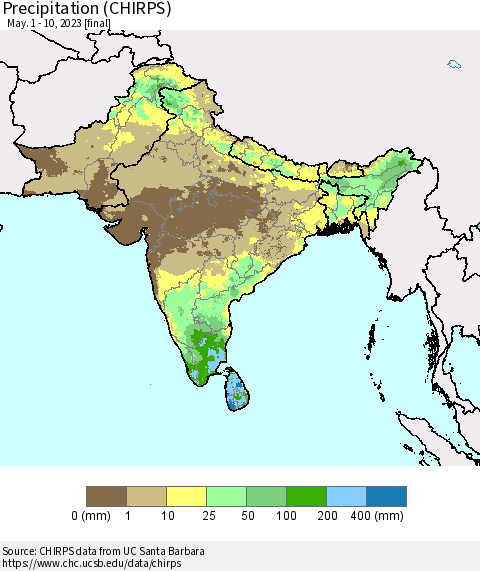 Southern Asia Precipitation (CHIRPS) Thematic Map For 5/1/2023 - 5/10/2023