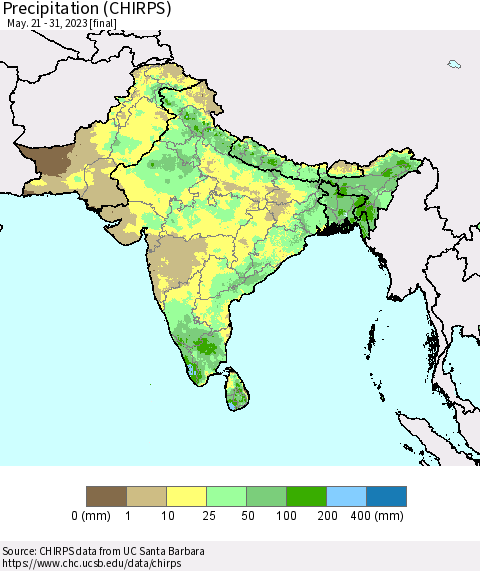 Southern Asia Precipitation (CHIRPS) Thematic Map For 5/21/2023 - 5/31/2023