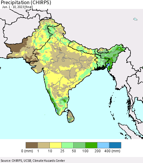 Southern Asia Precipitation (CHIRPS) Thematic Map For 6/1/2023 - 6/10/2023