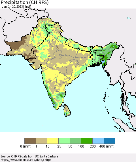 Southern Asia Precipitation (CHIRPS) Thematic Map For 6/1/2023 - 6/10/2023