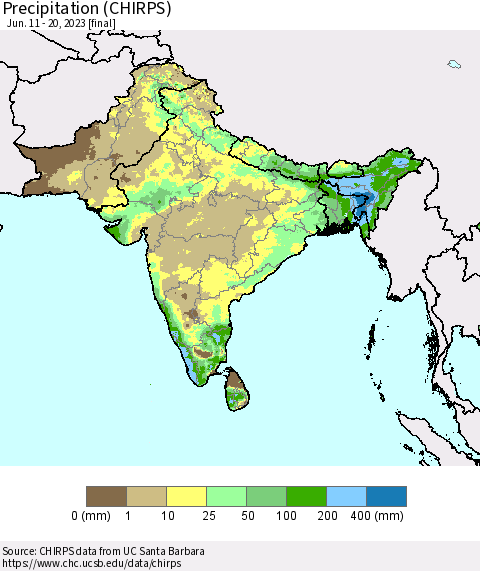 Southern Asia Precipitation (CHIRPS) Thematic Map For 6/11/2023 - 6/20/2023