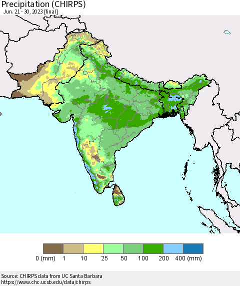 Southern Asia Precipitation (CHIRPS) Thematic Map For 6/21/2023 - 6/30/2023