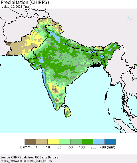 Southern Asia Precipitation (CHIRPS) Thematic Map For 7/1/2023 - 7/10/2023