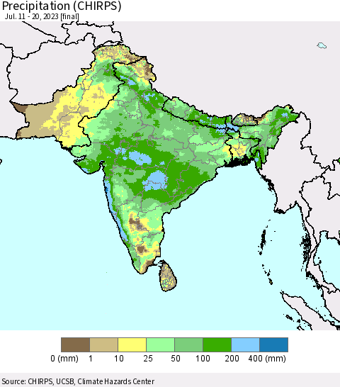 Southern Asia Precipitation (CHIRPS) Thematic Map For 7/11/2023 - 7/20/2023