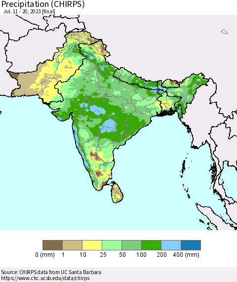 Southern Asia Precipitation (CHIRPS) Thematic Map For 7/11/2023 - 7/20/2023