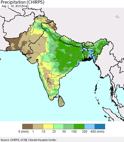 Southern Asia Precipitation (CHIRPS) Thematic Map For 8/1/2023 - 8/10/2023