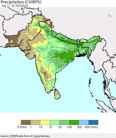 Southern Asia Precipitation (CHIRPS) Thematic Map For 8/11/2023 - 8/20/2023