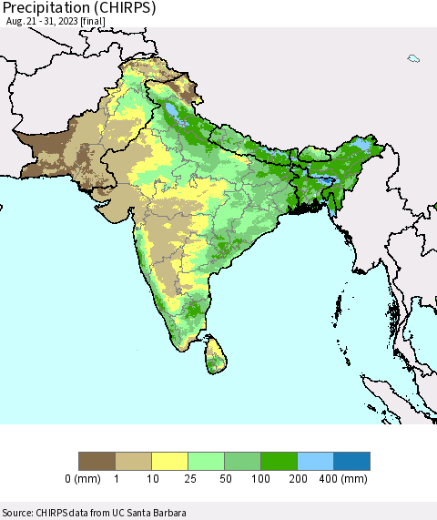 Southern Asia Precipitation (CHIRPS) Thematic Map For 8/21/2023 - 8/31/2023