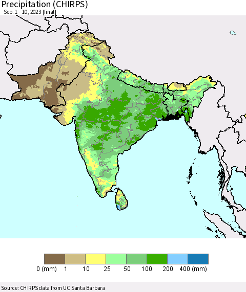 Southern Asia Precipitation (CHIRPS) Thematic Map For 9/1/2023 - 9/10/2023