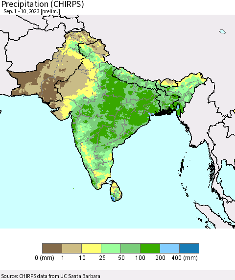 Southern Asia Precipitation (CHIRPS) Thematic Map For 9/1/2023 - 9/10/2023