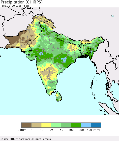 Southern Asia Precipitation (CHIRPS) Thematic Map For 9/11/2023 - 9/20/2023