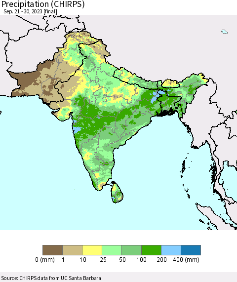 Southern Asia Precipitation (CHIRPS) Thematic Map For 9/21/2023 - 9/30/2023