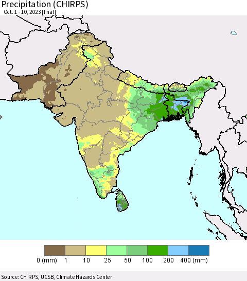 Southern Asia Precipitation (CHIRPS) Thematic Map For 10/1/2023 - 10/10/2023