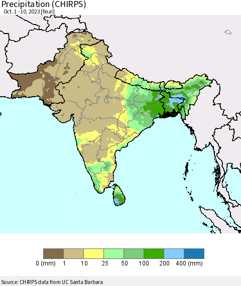 Southern Asia Precipitation (CHIRPS) Thematic Map For 10/1/2023 - 10/10/2023