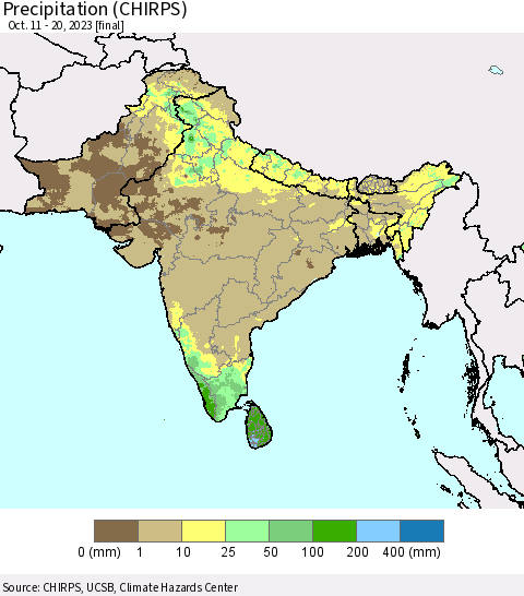 Southern Asia Precipitation (CHIRPS) Thematic Map For 10/11/2023 - 10/20/2023
