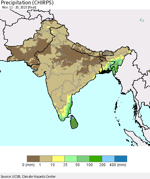 Southern Asia Precipitation (CHIRPS) Thematic Map For 11/11/2023 - 11/20/2023