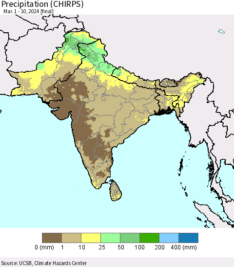Southern Asia Precipitation (CHIRPS) Thematic Map For 3/1/2024 - 3/10/2024