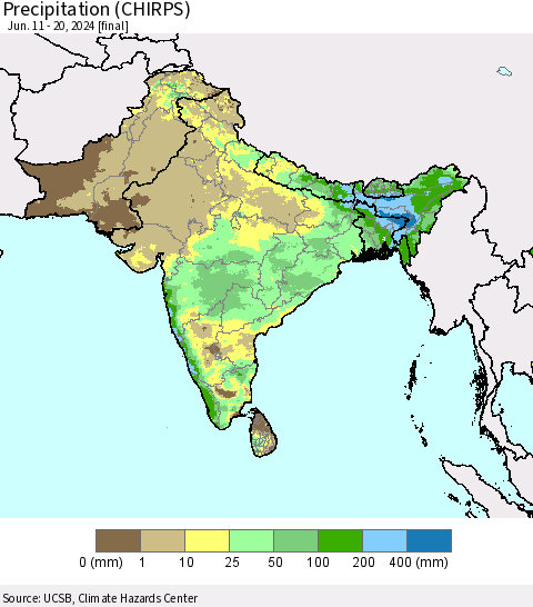 Southern Asia Precipitation (CHIRPS) Thematic Map For 6/11/2024 - 6/20/2024