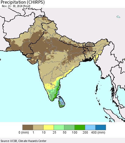 Southern Asia Precipitation (CHIRPS) Thematic Map For 11/21/2024 - 11/30/2024