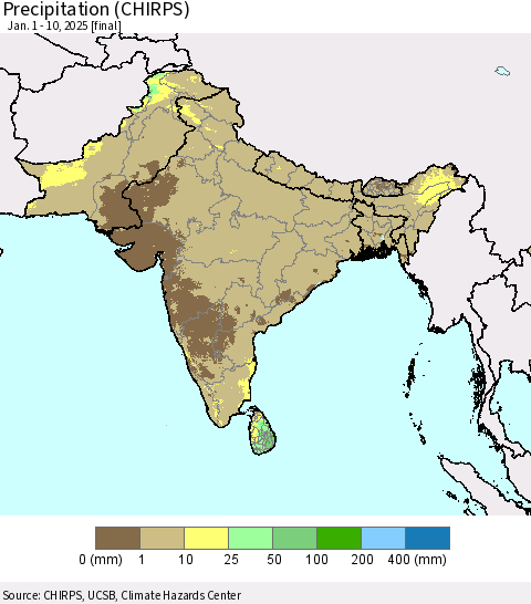Southern Asia Precipitation (CHIRPS) Thematic Map For 1/1/2025 - 1/10/2025