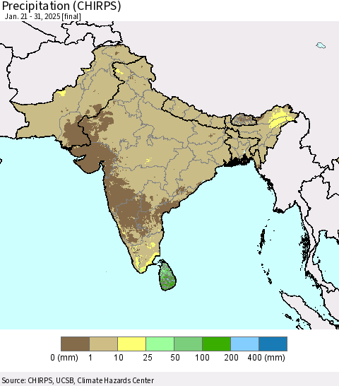 Southern Asia Precipitation (CHIRPS) Thematic Map For 1/21/2025 - 1/31/2025