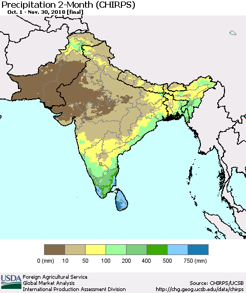 Southern Asia Precipitation 2-Month (CHIRPS) Thematic Map For 10/1/2018 - 11/30/2018