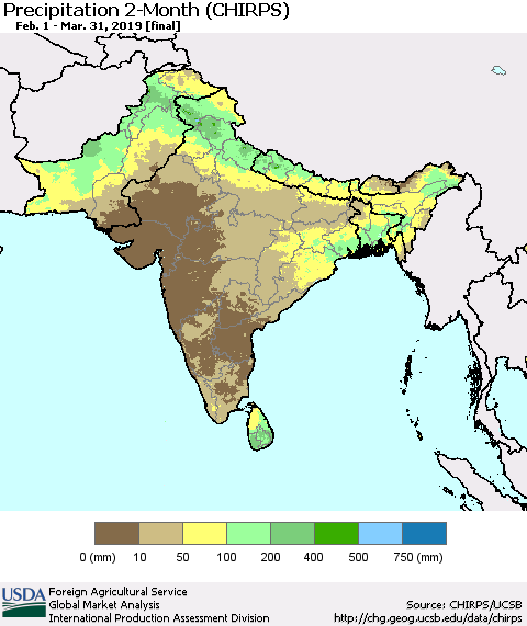 Southern Asia Precipitation 2-Month (CHIRPS) Thematic Map For 2/1/2019 - 3/31/2019