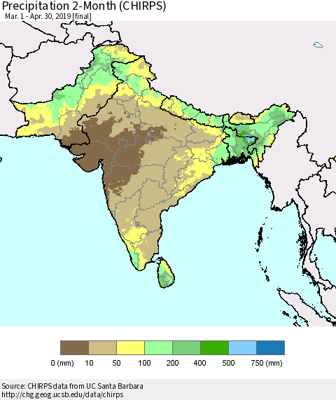 Southern Asia Precipitation 2-Month (CHIRPS) Thematic Map For 3/1/2019 - 4/30/2019