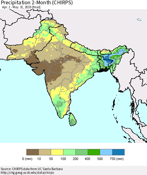 Southern Asia Precipitation 2-Month (CHIRPS) Thematic Map For 4/1/2019 - 5/31/2019