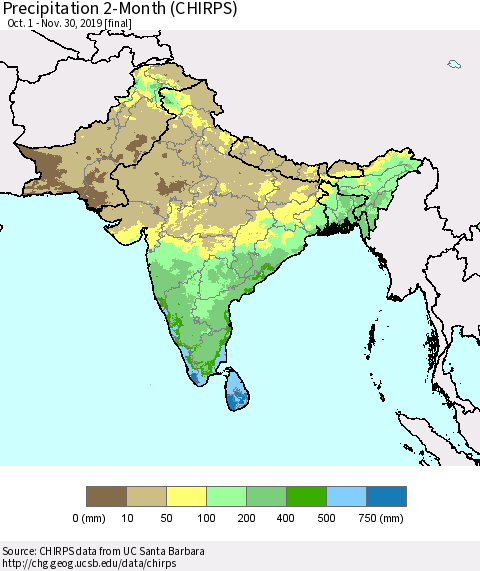 Southern Asia Precipitation 2-Month (CHIRPS) Thematic Map For 10/1/2019 - 11/30/2019