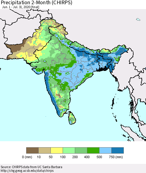 Southern Asia Precipitation 2-Month (CHIRPS) Thematic Map For 6/1/2020 - 7/31/2020