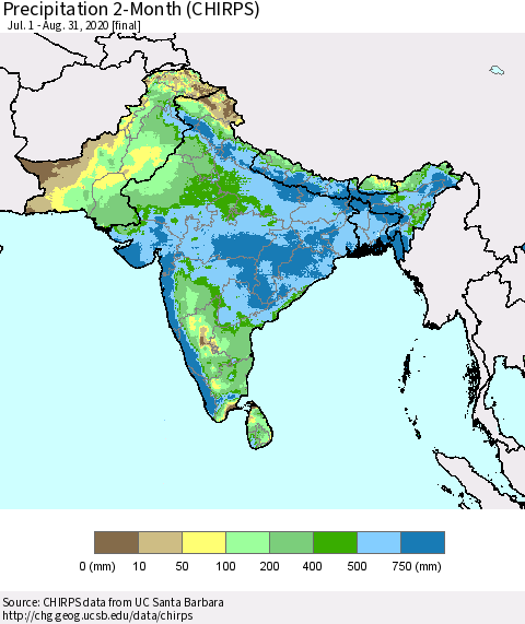 Southern Asia Precipitation 2-Month (CHIRPS) Thematic Map For 7/1/2020 - 8/31/2020