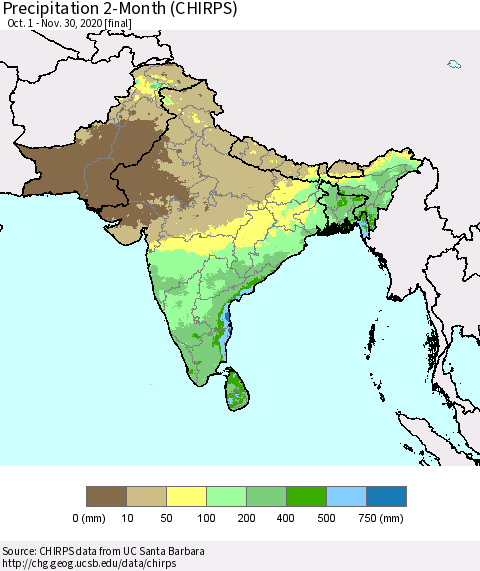 Southern Asia Precipitation 2-Month (CHIRPS) Thematic Map For 10/1/2020 - 11/30/2020