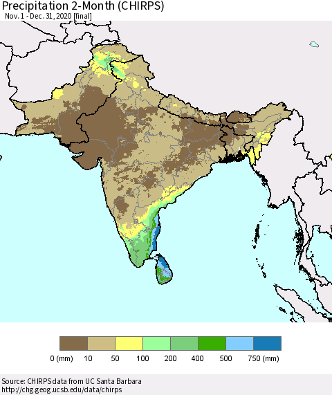 Southern Asia Precipitation 2-Month (CHIRPS) Thematic Map For 11/1/2020 - 12/31/2020