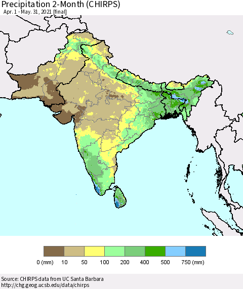 Southern Asia Precipitation 2-Month (CHIRPS) Thematic Map For 4/1/2021 - 5/31/2021