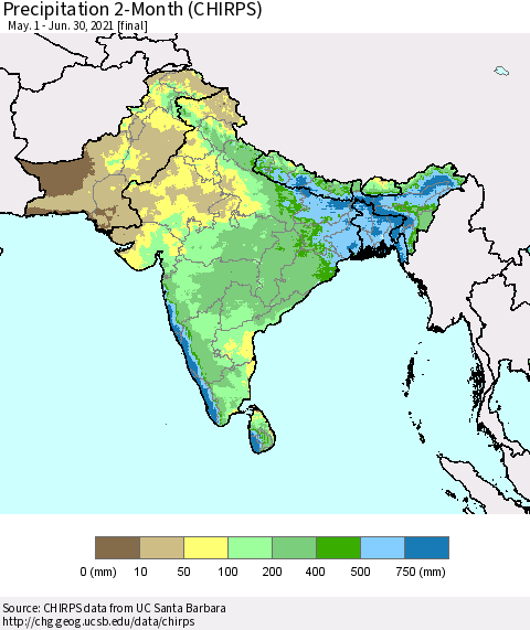 Southern Asia Precipitation 2-Month (CHIRPS) Thematic Map For 5/1/2021 - 6/30/2021