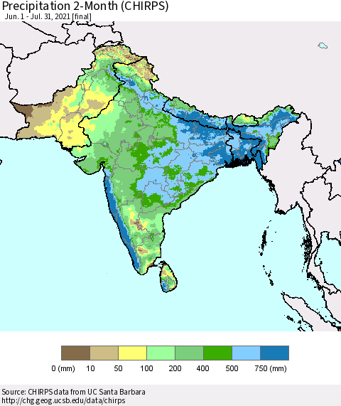 Southern Asia Precipitation 2-Month (CHIRPS) Thematic Map For 6/1/2021 - 7/31/2021