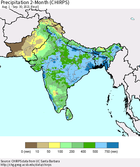 Southern Asia Precipitation 2-Month (CHIRPS) Thematic Map For 8/1/2021 - 9/30/2021