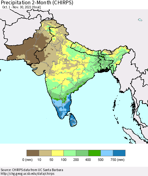 Southern Asia Precipitation 2-Month (CHIRPS) Thematic Map For 10/1/2021 - 11/30/2021