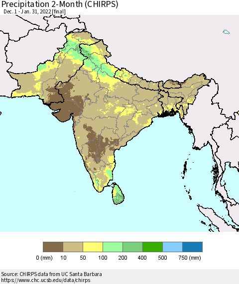 Southern Asia Precipitation 2-Month (CHIRPS) Thematic Map For 12/1/2021 - 1/31/2022