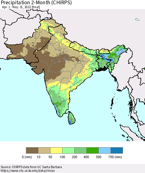 Southern Asia Precipitation 2-Month (CHIRPS) Thematic Map For 4/1/2022 - 5/31/2022