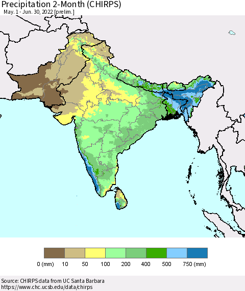 Southern Asia Precipitation 2-Month (CHIRPS) Thematic Map For 5/1/2022 - 6/30/2022